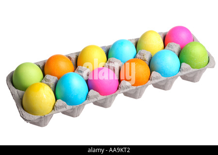 Colorful easter eggs in egg carton. Stock Photo