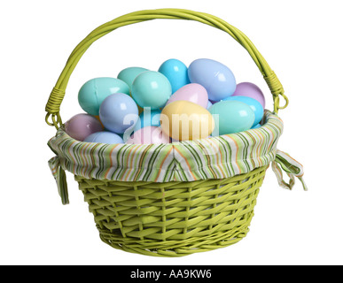 Easter basket filled with plastic eggs and candy. Stock Photo