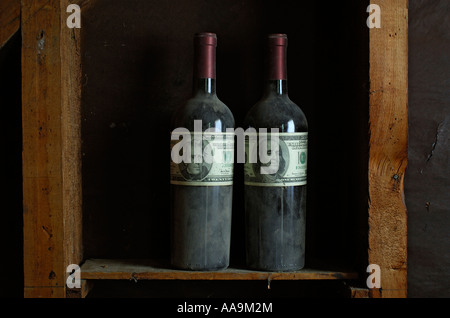 'Two red wine bottles with twenty and 'one hundred' ^US 'dollar bills' instead of labels, side by side in a dusty ^winecellar'. Stock Photo