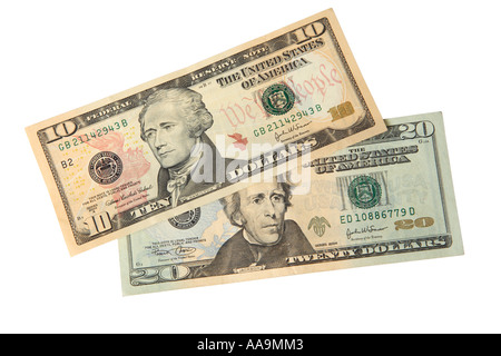 US ten and twenty dollar bills that incorporate new anti counterfeit features. Stock Photo