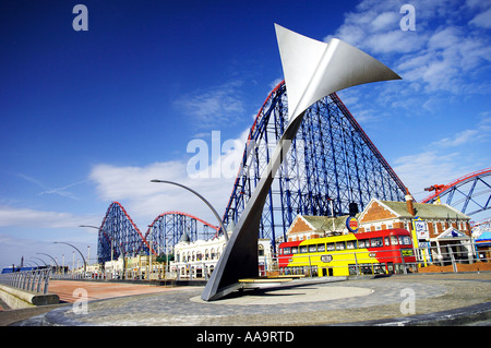 Whale tail wind shelter sculpture and Big One roller coaster at Blackpool pleasure beach amusement park Stock Photo