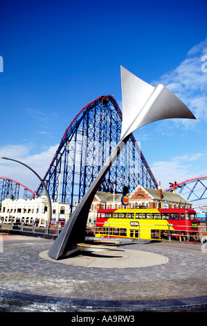 Whale tail wind shelter sculpture and Big One roller coaster at Blackpool pleasure beach amusement park Stock Photo