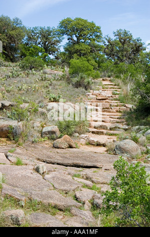 Rock stairs on hiking trail of granite mountain in Texas