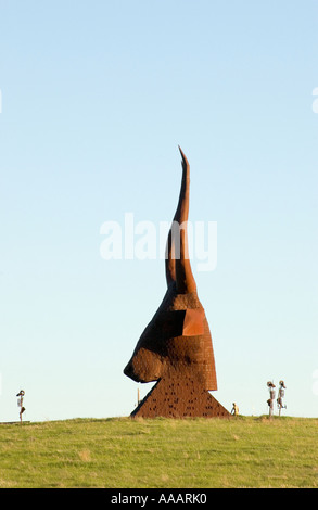 Side view of the extinct Egyptian Longhorn sculpture at Porter Sculpture Park in Montrose, South Dakota, USA, Stock Photo