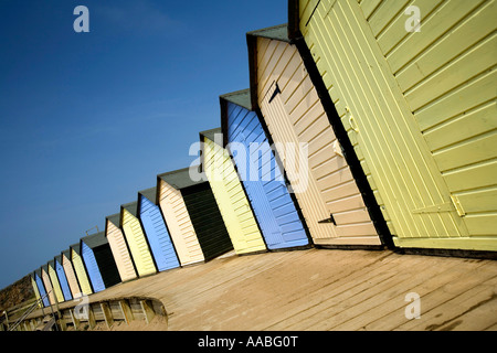 UK Cornwall Bude Haven Summerleaze Beach colourfully painted beach huts Stock Photo