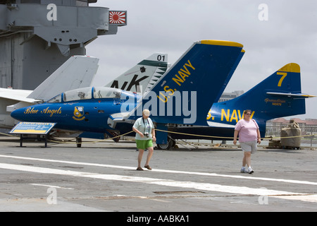 Visitors aboard the former US Navy aircraft carrier USS Lexington now a floating museum anchored in Corpus Christi Texas Stock Photo