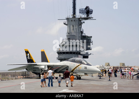 Visitors aboard the former US Navy aircraft carrier USS Lexington now a floating museum anchored in Corpus Christi Texas Stock Photo