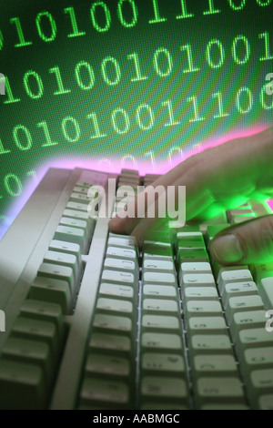 computer keyboard with hand and numerical code Stock Photo