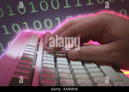 computer keyboard with hand and numerical code Stock Photo