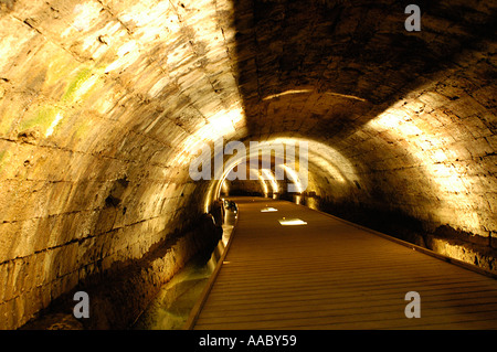 The antique water Templar tunnel in Akko or Acre old city Northern Israel Stock Photo