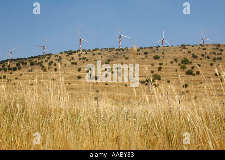 Wind turbines of a wind farm stands at the Golan heights Northern Israel Stock Photo