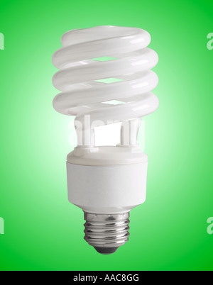 Energy Efficient Compact Fluorescent Light Bulb, CFL Bulb Glowing In Studio Still Life Stock Photo