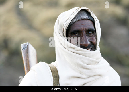 Park Guide and scout trekking in the Simien Mountains National Park, Ethiopia, Africa Stock Photo