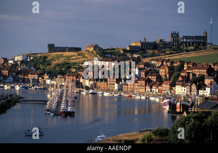 View of Whitby Abbey and harbour the landing place of Bram Stoker s Dracula Yorkshire England United Kingdom Stock Photo