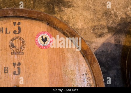 French oak barriques or casks used to mature Chainti. Wine Barrels in Tuscany Italy. Italian oak, cellar, winery, cask, vineyard, containers. Stock Photo