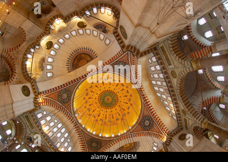 the interior of Suleymaniye Mosque looking staright up at the dome Istanbul Turkey NR Stock Photo