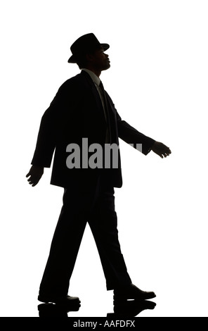 Business Concept Man Black Suit Hat Fedora Walking Standing Moving Stock Photo