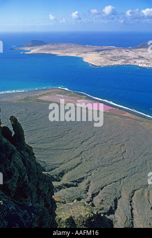 Island of La Graciosa seen from Mirador del Rio on Risco de Famara 600m cliffs Lanzarote Canary Islands Spain JMH0589 Stock Photo