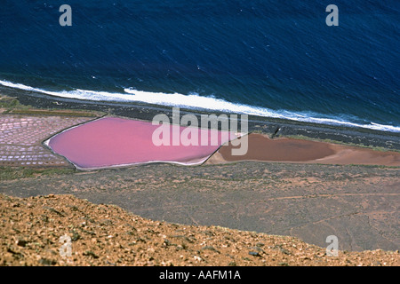 Salinas del Rio saltworks seen from Mirador del Rio on Risco de Famara 600m cliffs Lanzarote Canary Islands Spain JMH0593 Stock Photo