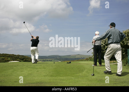 Golfers taking a shot at Scrabo Golf Club Newtownards County Down Northern Ireland Stock Photo