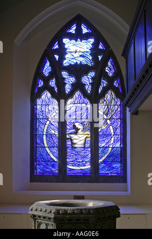 Blue stained glass window in St Edward the Confessor Church Romford Essex Stock Photo