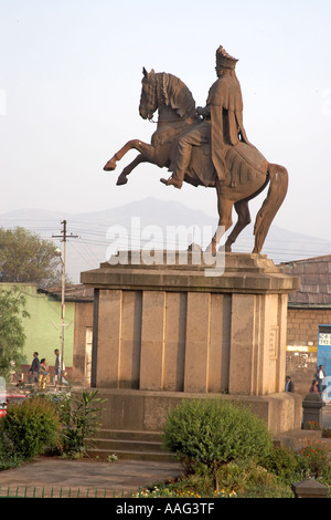 Statue of Emperor Menelik on a horse erected following victory over Italians at Adwa in 1896 Addis Ababa Ethiopia Africa Stock Photo