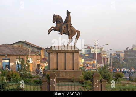 Statue of Emperor Menelik on a horse erected following victory over Italians at Adwa in 1896 Addis Ababa Ethiopia Africa Stock Photo