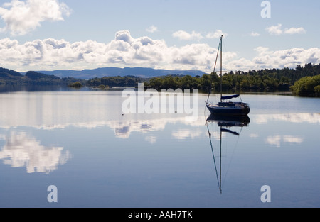 Sailing boat at anchor on Loch Lomond near Luss Pier, Luss, Argyll and Bute, Scotland Stock Photo