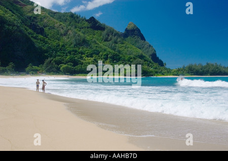 Makua Beach (AKA Tunnels Beach) with Bali Hai peak (Mount Makana); Haena State Park, Kauai, Hawaii. Stock Photo