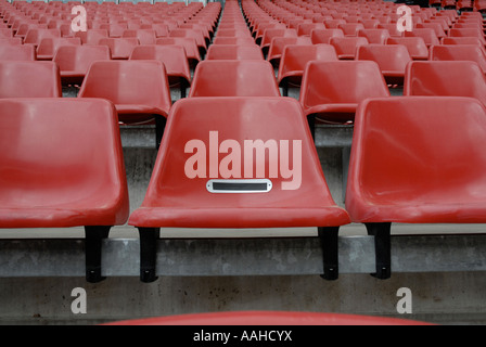 Empty red seats at the RheinEnergie Stadion, Cologne, Germany – Home of FC Koln. Stock Photo