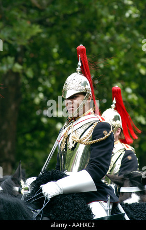 Horseguards of the Blues and Royals Regiment ride down the Mall in London. Stock Photo