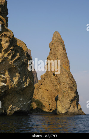 Crimea, Kurortne, boats excursion to the rock formation of Karadag Stock Photo