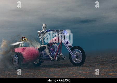 Skeleton Ride Buddy Skeleton riding a motorcycle with his pet in a sidecar Stock Photo - Alamy