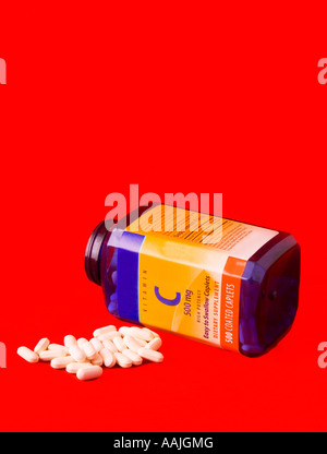 Extreme Closeup of Bottle of Vitamin C Tablets, Health and Nutrition Stock Photo