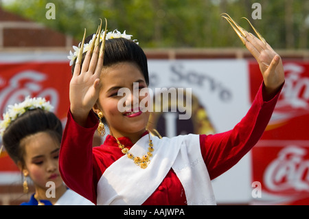 A dancer performs the Fawn Thai dance in Chiang Mai as part of the Miss Songkran beauty contest Stock Photo