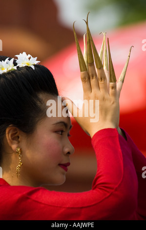 A dancer performs the Fawn Thai dance in Chiang Mai as part of the Miss Songkran beauty contest Stock Photo