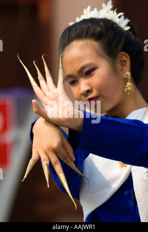 A dancer performs the Fawn Thai dance in Chiang Mai as part of the Miss Songkran beauty contest Stock Photo