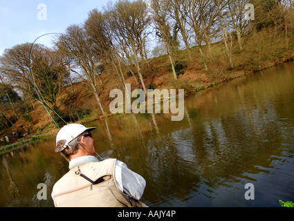 Fly fishing at Robins Lake in Robins Wood Farnham South England Stock Photo