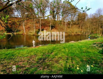 Fly fishing at Robins Lake in Robins Wood Farnham South England Stock Photo