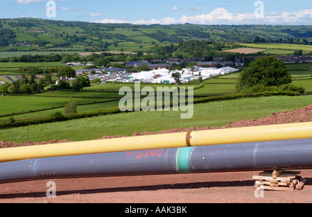 LNG pipeline being constructed on hillside  farmland above Hay on Wye Powys Wales UK overlooking Hay Festival site Stock Photo