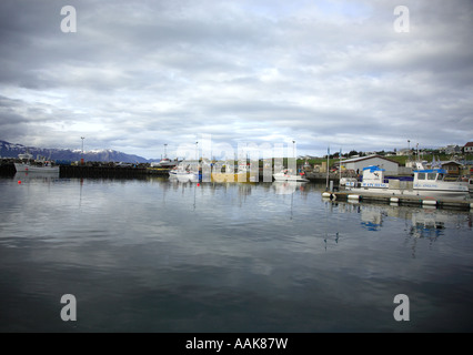 The whale watching port of Husavik harbour Northern Iceland Stock Photo