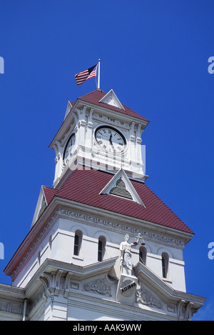 Benton County Courthouse built in 1888 with clock and Lady Justice statue in Corvallis Oregon Stock Photo