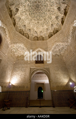 Intricately carved room inside El Palacio Nazaríes La Alhambra Granada Spain Stock Photo