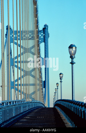 EMPTY WALKWAY ON BENJAMIN FRANKLIN BRIDGE OVER DELAWARE RIVER PHILADELPHIA PENNSYLVANIA USA BUILT IN 1923 Stock Photo