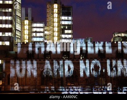 Poetry video art installation on lakeside terrace surrounding the Barbican Arts Centre, London UK Stock Photo