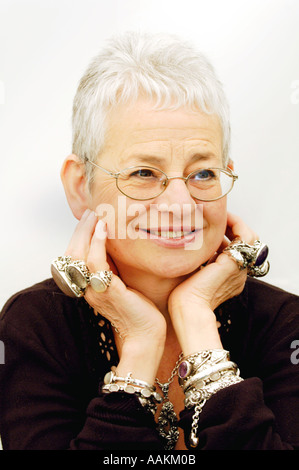 Children's author Jacqueline Wilson wearing her large silver rings pictured at The Guardian Hay Festival 2005 Hay on Wye Wales Stock Photo