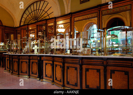 Late19th-century furnishings at Gerbeaud cafe famous for delicious cakes, ice cream and other desserts in Budapest Hungary Stock Photo