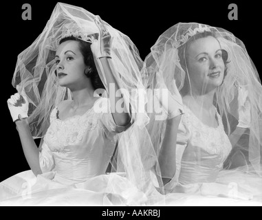 1950s 1960s DOUBLE EXPOSURE PORTRAITS OF BRIDE VEILED AND UNVEILED SMILING AND WORRIED LOOKING AT CAMERA Stock Photo