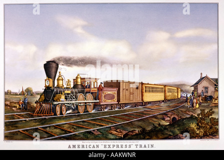 CURRIER AND IVES LITHOGRAPH EARLY AMERICAN EXPRESS RAILROAD TRAIN STEAM ENGINE BAGGAGE PASSENGER CARS Stock Photo
