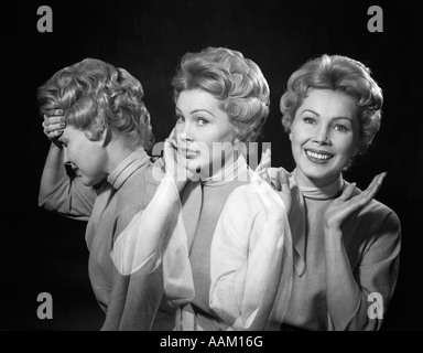 1950s 1960s MULTIPLE EXPOSURE WOMAN THREE EMOTIONS CHANGE FROM HAPPY TO SAD Stock Photo